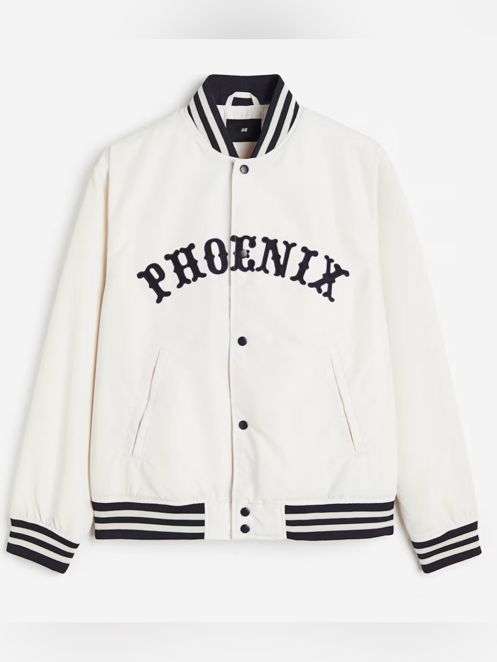 H&M White Varsity Jacket with Black Trim and PHOENIX Lettering
